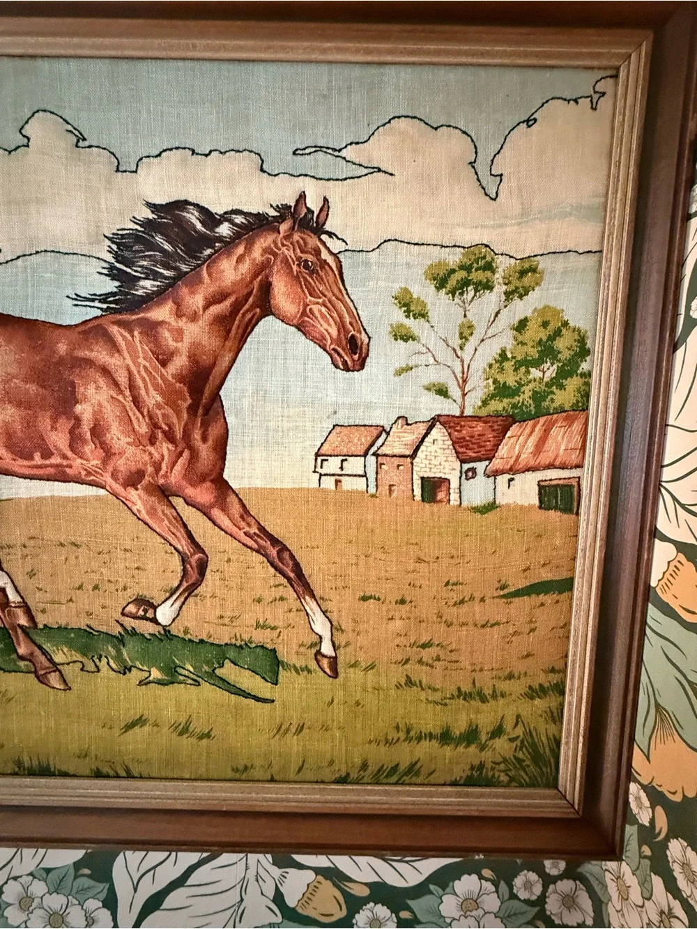 Vintage Framed Mare and Foal Embroidered Art - Brown